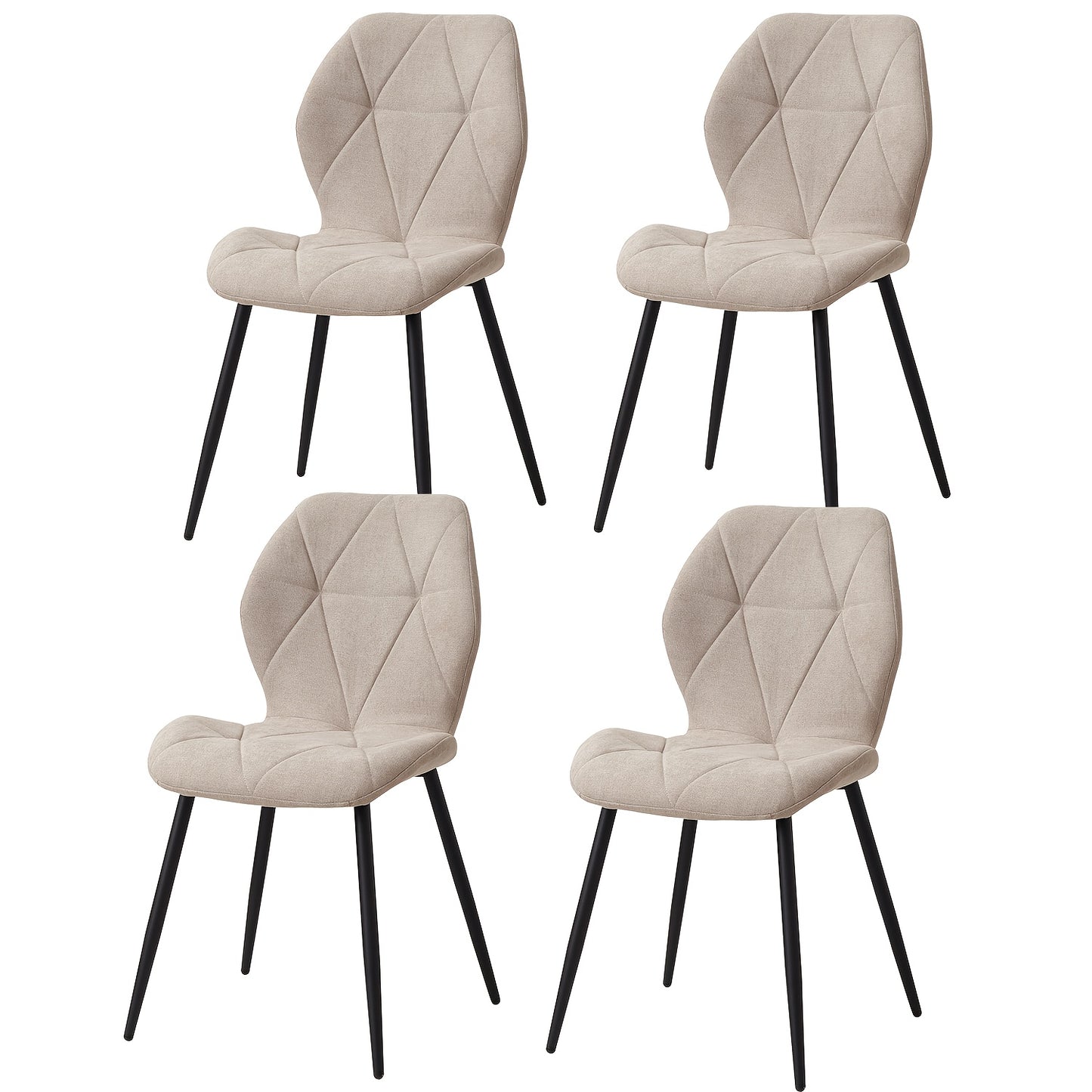 Set van 4 Eetkamerstoelen – Radar Stoelen met Linnen Bekleding en Diamantpatroon – Khaki, Zwarte Poten – Modern en Eigentijds