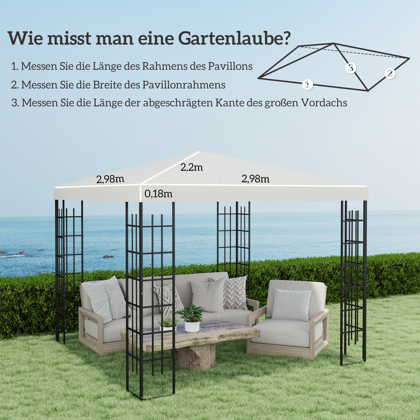 Vervangend Dak Tuinpaviljoen – Paviljoendak – Tuindak – Dakzeil – Overkapping Dak – Lichtgrijs – 3 x 3 Meter – Waterafvoer Met Drainageopeningen – UPF30+ Zonwerend