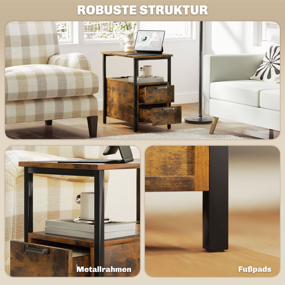 2-Laden Bijzettafel – Nachtkastje – Salontafel – Opbergtafel – Sidetable – Donkerbruin Met Zwarte Poten – Ruime Opberglades – Onderhoudsvriendelijk & Stevig