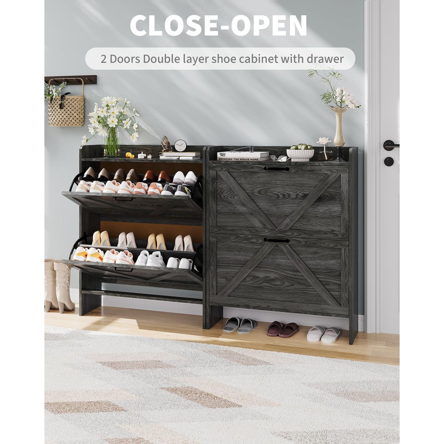 Schoenenkast – Schoenrek – Schoenopberger – Schoenmeubel – Schoenendoos – Smal Ruimtebesparend Design – 2 Kantel-Lades – Zwart Houtlook – Vrijstaand – Eenvoudige Montage