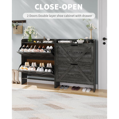 Schoenenkast – Schoenrek – Schoenopberger – Schoenmeubel – Schoenendoos – Smal Ruimtebesparend Design – 2 Kantel-Lades – Zwart Houtlook – Vrijstaand – Eenvoudige Montage