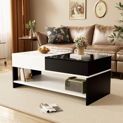 Salontafel – Koffietafel – Woonkamertafel – Bijzettafel – Tafel – Zwart-Wit Design – Hoogglans Tafelblad – Compact 100x48x40 cm