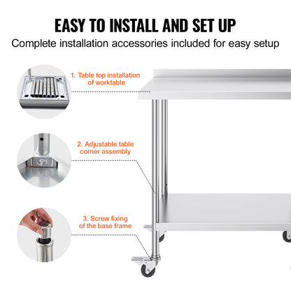 Roestvrijstalen Werktafel – RVS Werkbank – Keukentafel – Cateringtafel – Werkbank Op Wielen – 61x91,5x102 cm – 0,8 mm Roestvrij Staal