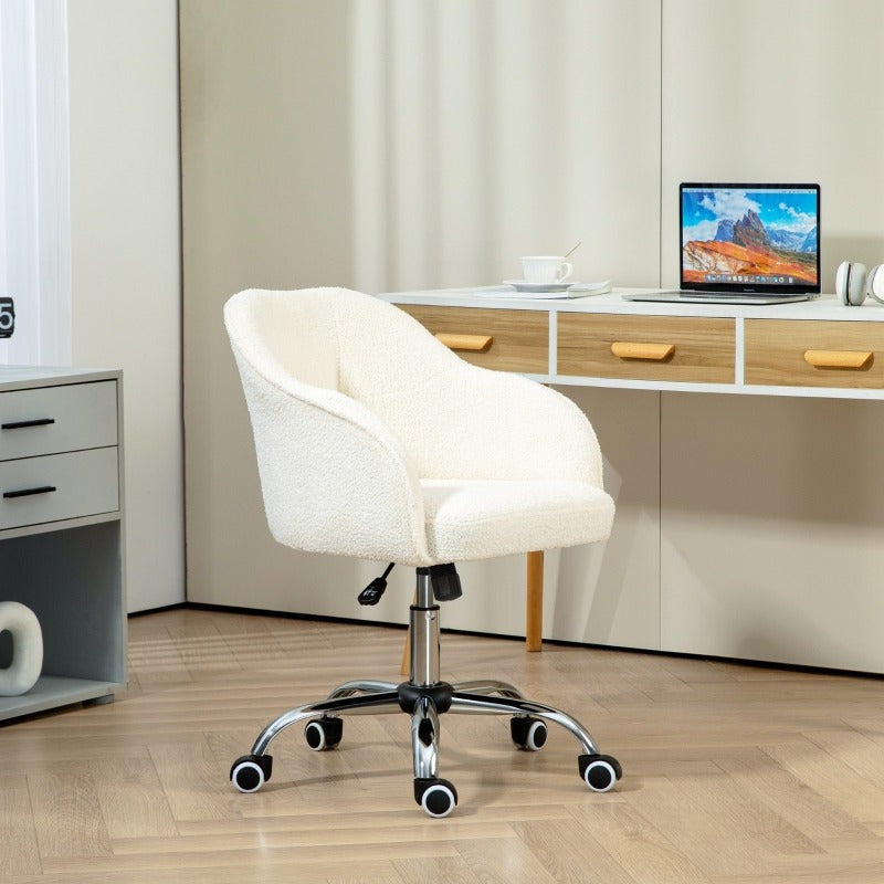 Bureaustoel – Kantoorstoel – Draaistoel – Werkstoel – Studiebureaustoel – Ergonomisch Design – Zachte Teddy Bekleding – Crème Wit