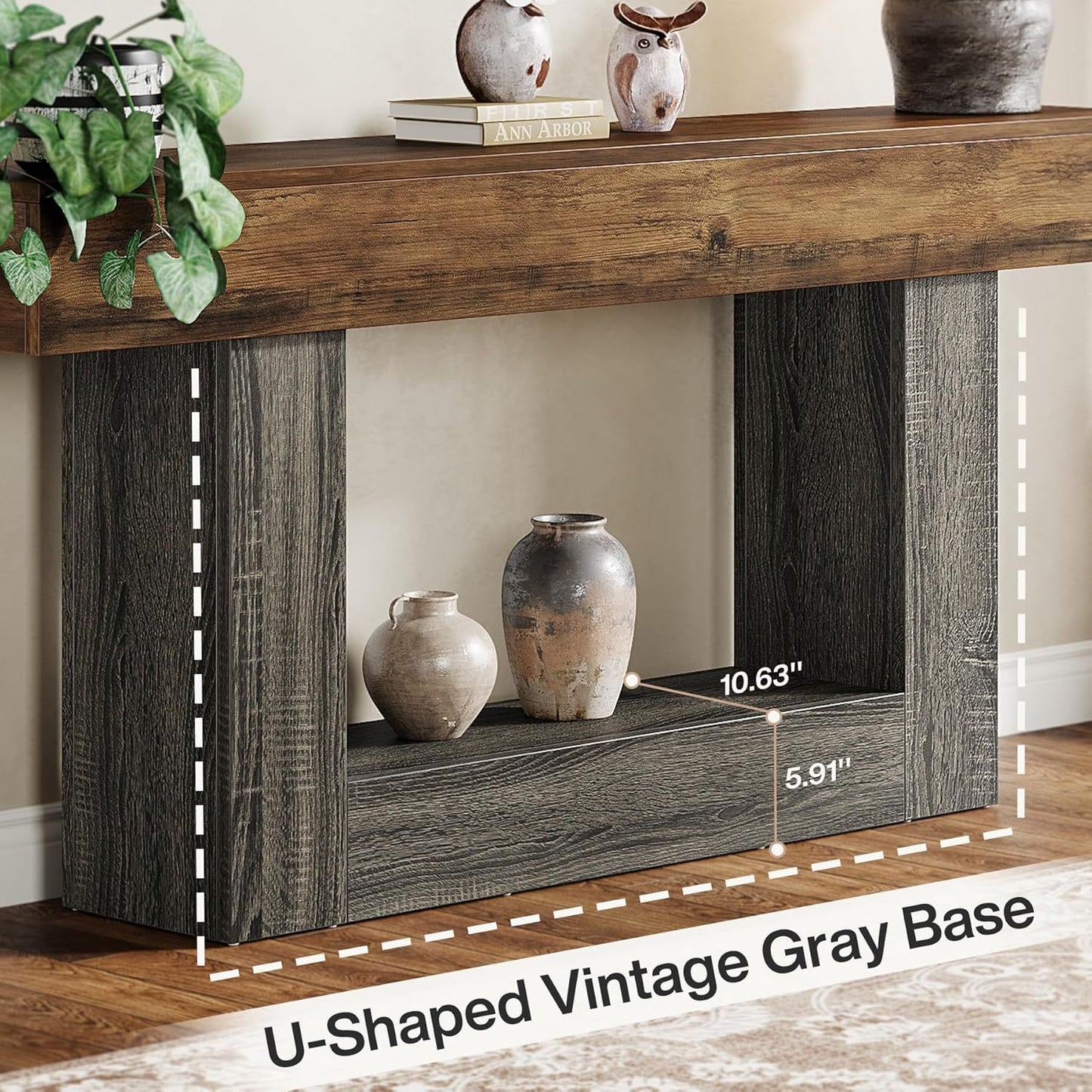 Sidetable – Sofa Tafel – Haltafel – Wandtafel – Landelijke Sidetable – Vintage Bruin & Grijs – Extra Lang 160 cm – Duurzaam Samengesteld Hout