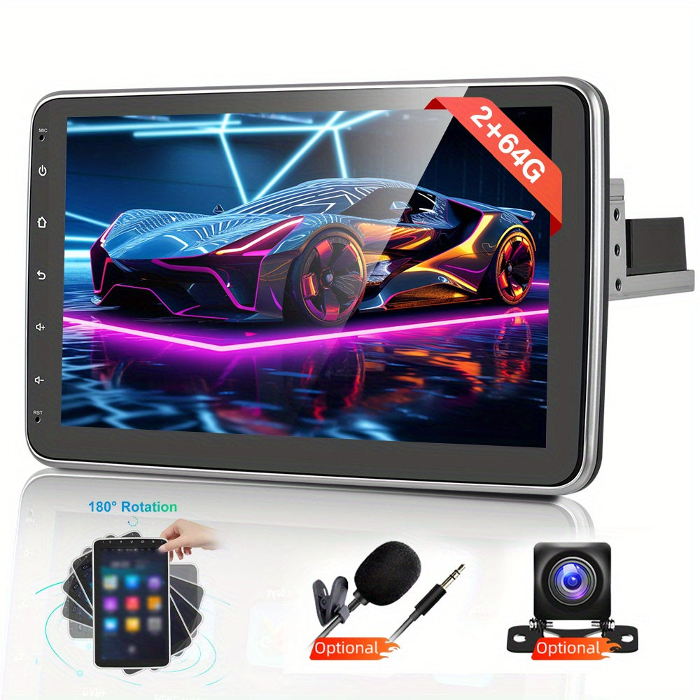 Android 15 Autoradio – 1 DIN Multimedia Systeem – Autospeaker – Navigatie Radio – Touchscreen Auto Audio – 10,1 Inch Draaibaar Scherm – 2GB RAM 64GB Opslag – Met Achteruitrijcamera en Microfoon