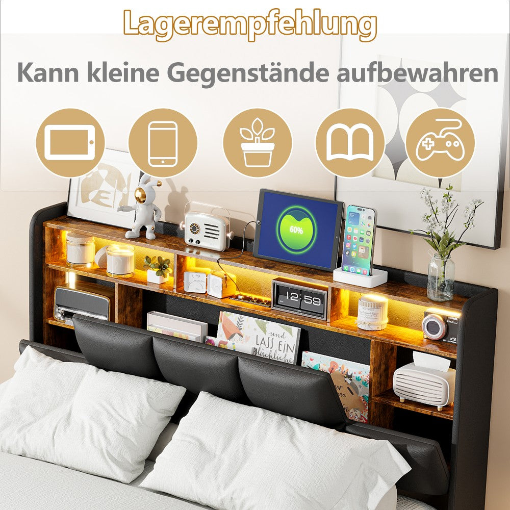 Opbergbed – Gestoffeerd Bed – Tweepersoonsbed – Stapelbed – Slaapbank – Met LED-Verlichting en USB-C Poorten – Met Gasveer en Ruime Opbergruimte – Met PU Bekleding en Metalen Frame – 160x200 cm – Zonder Matras