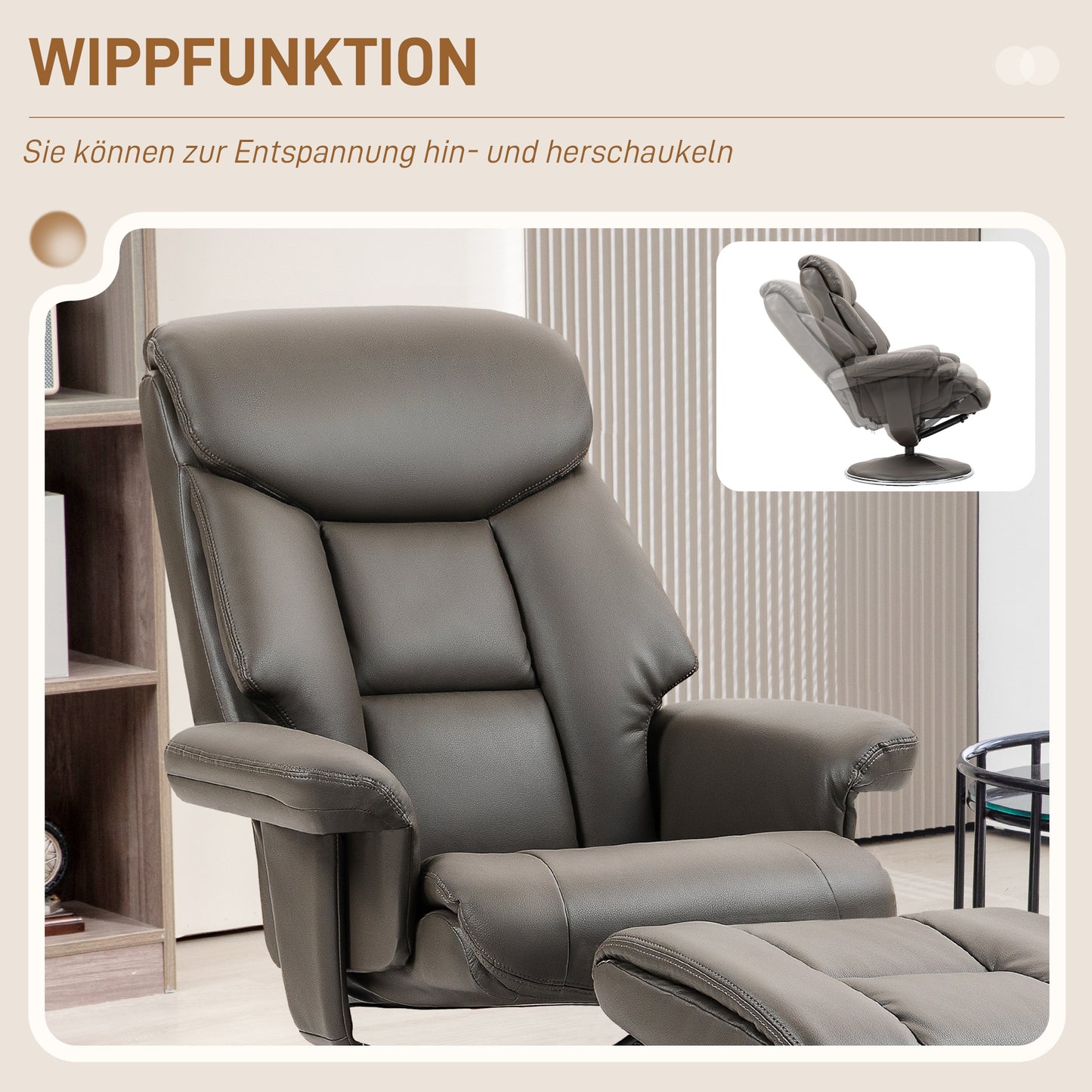 TV-fauteuil – Relaxfauteuil – Recliner – Schommelstoel – Fauteuil met Voetenbank – Verstelbare Rugleuning tot 132° – Hoogwaardig Kunstleer Grijs