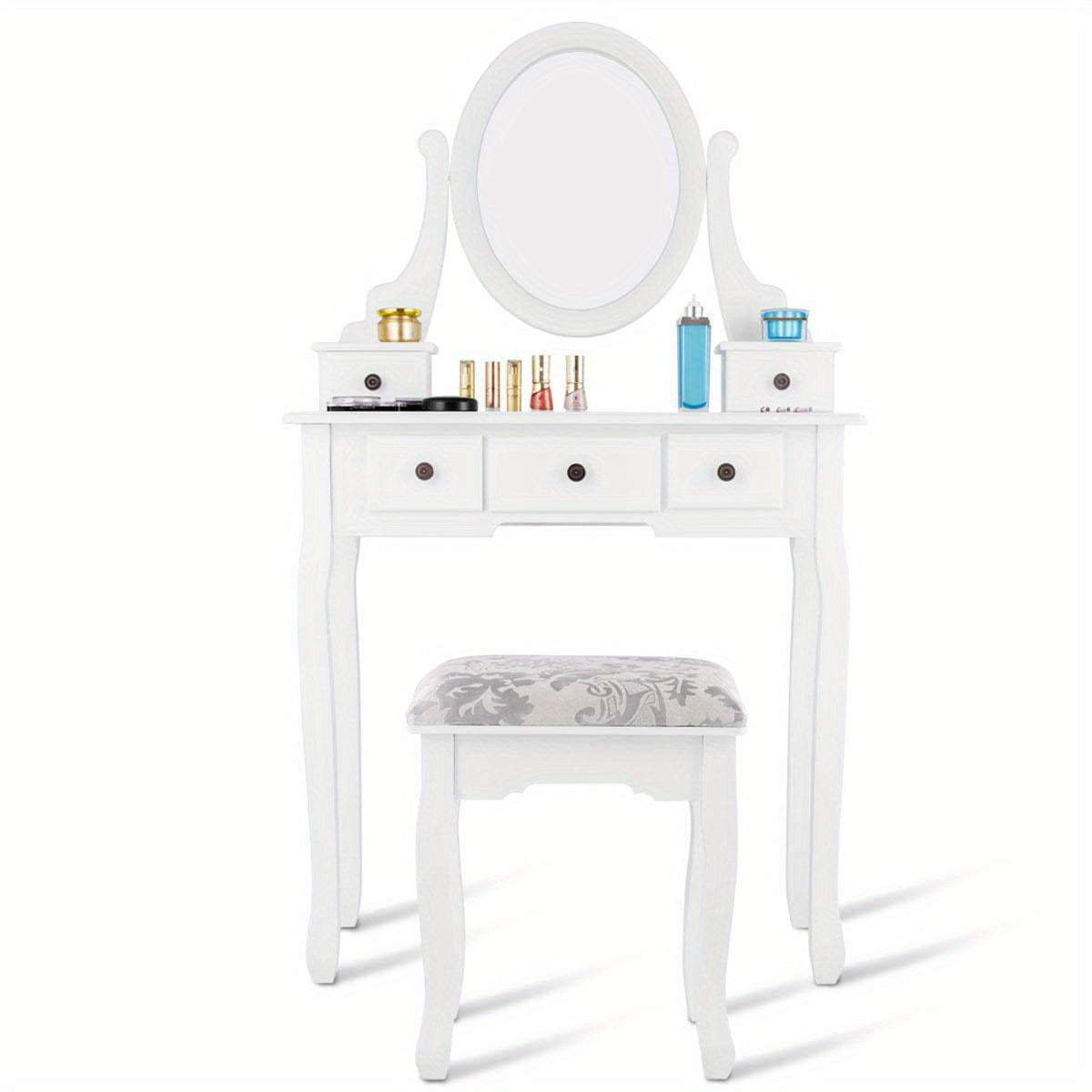 Kaptafel – Make-uptafel – Schminktafel – Beauty Tafel – Dressing Table – Draaibare Spiegel – 5 Laden – Gestoffeerde Kruk – Modern Design – Glas & Kunststof