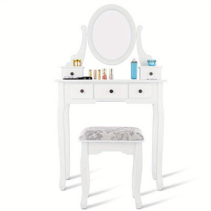 Kaptafel – Make-uptafel – Schminktafel – Beauty Tafel – Dressing Table – Draaibare Spiegel – 5 Laden – Gestoffeerde Kruk – Modern Design – Glas & Kunststof
