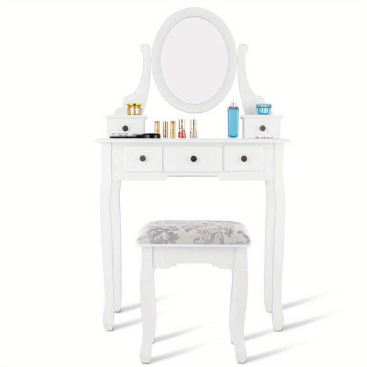 Kaptafel – Make-uptafel – Schminktafel – Beauty Tafel – Dressing Table – Draaibare Spiegel – 5 Laden – Gestoffeerde Kruk – Modern Design – Glas & Kunststof