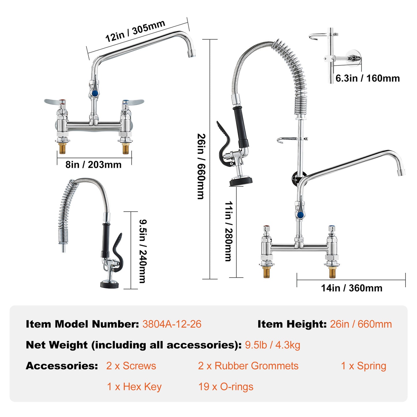 Professionele Keukenkraan – Keukenslang Kraan – Spoelbak Kraan – Mengkraan – Pre-Rinse Kraan – 26 Inch Hoogte – Duurzame Messing Constructie – Krachtige Pre-Rinse Sproeikop