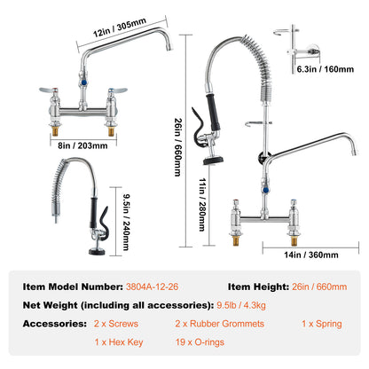 Professionele Keukenkraan – Keukenslang Kraan – Spoelbak Kraan – Mengkraan – Pre-Rinse Kraan – 26 Inch Hoogte – Duurzame Messing Constructie – Krachtige Pre-Rinse Sproeikop