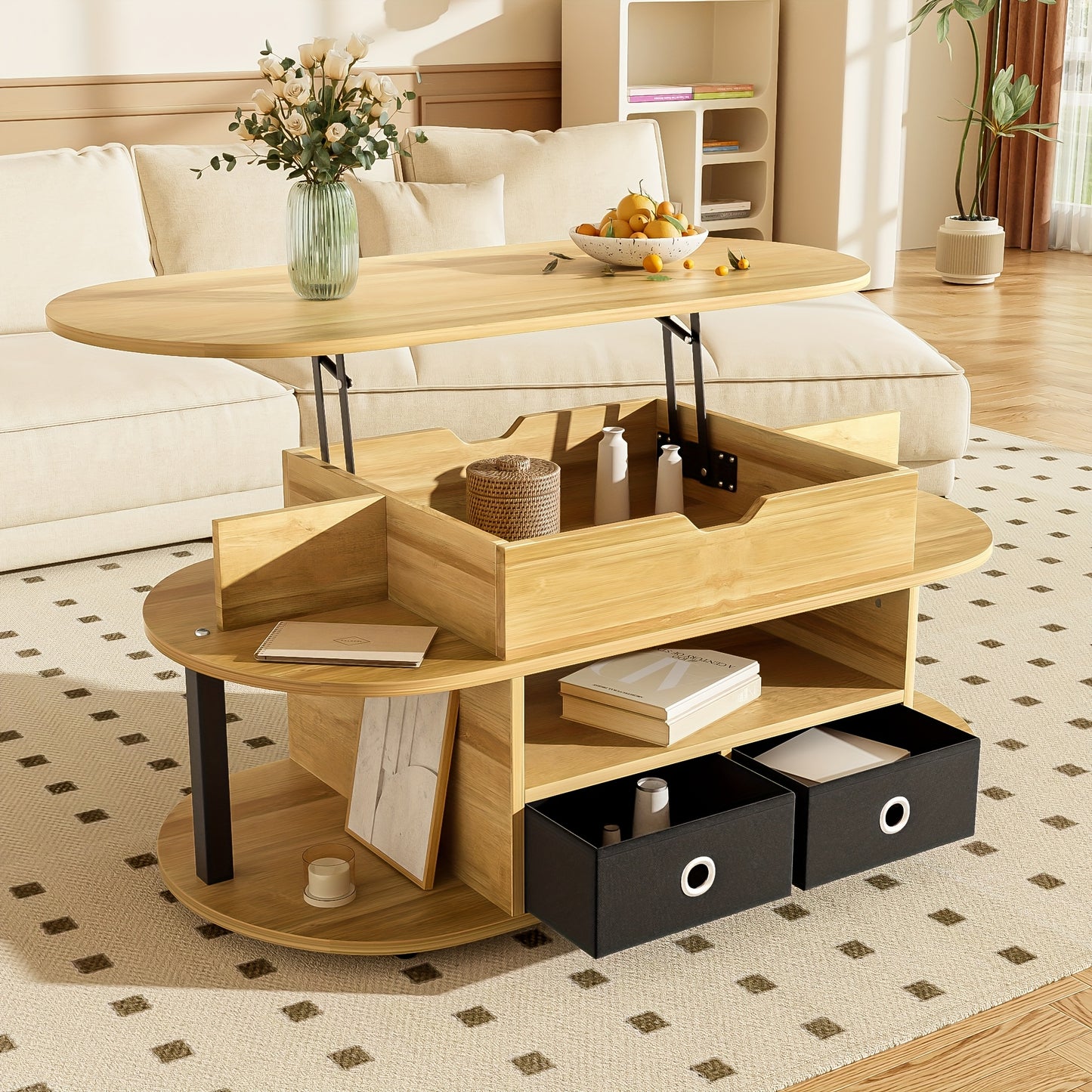 Salontafel – Koffietafel – Bijzettafel – Woonkamer Tafel – Compacte Tafel – Verstelbare Hoogte – Houtnerf Met Zwarte Stoffen Laden