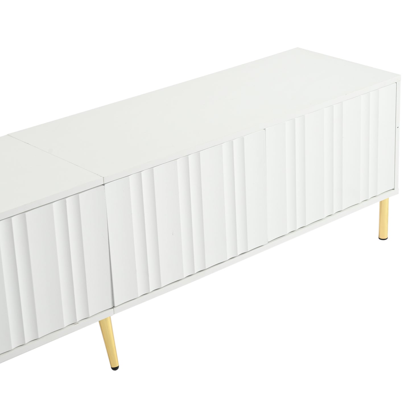 TV Meubel – TV Lowboard – TV Kast – TV Board – Mediameubel – Wit Met Groeven – 4 Deuren Met 8 Opbergvakken – Gouden Metalen Poten – 190x38x48 cm