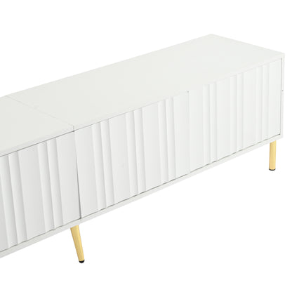 TV Meubel – TV Lowboard – TV Kast – TV Board – Mediameubel – Wit Met Groeven – 4 Deuren Met 8 Opbergvakken – Gouden Metalen Poten – 190x38x48 cm