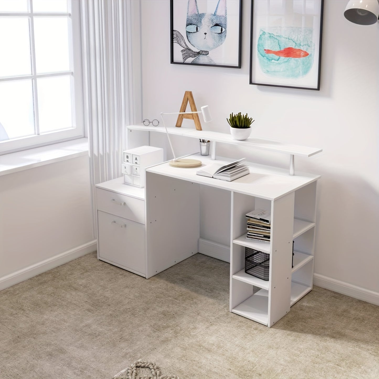 Computertafel – Bureau – Werkplek – Study Desk – Kantoormeubel – Met Geïntegreerde Boekenkast – Ruime Opbergladen – Modern Metaal en Hout – Wit Grijs