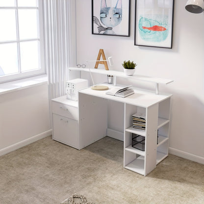 Computertafel – Bureau – Werkplek – Study Desk – Kantoormeubel – Met Geïntegreerde Boekenkast – Ruime Opbergladen – Modern Metaal en Hout – Wit Grijs