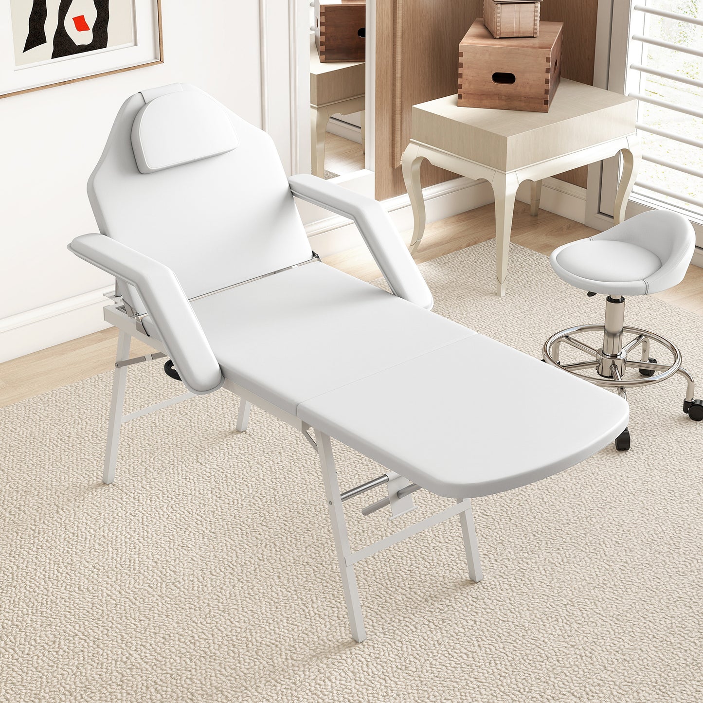 Massagetafel – Draagbare Massagebank – Ontspanningstafel – Therapiebed – Inklapbare Tafel – Verstelbare Rugleuning – Stevig Stalen Frame – Wit Kunstleer Met 4cm Foam