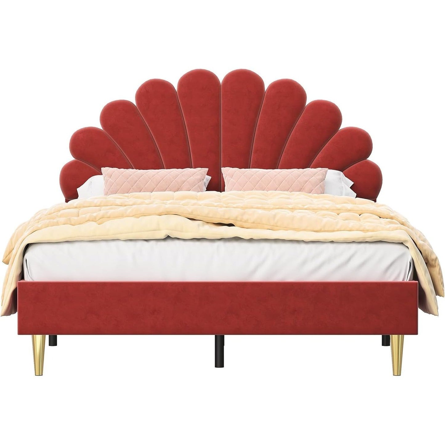 Bedbodem 140x200 cm – Bedframe – Slaapkader – Plattformbed – Boxspringbed – Bordeaux Velvet Bloemenhoofdeinde – Stevig Massief Houten Frame – Geen Boxspring Nodig