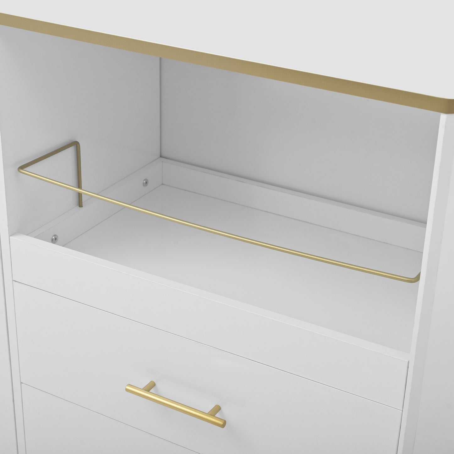 Dressoir – Sideboard – Opbergkast – Dressoirkast – Meubel – Wit Met Gouden Accenten – Glazen Deuren – 140x38x90 cm – Soft-Close Lades – Kabelbeheer