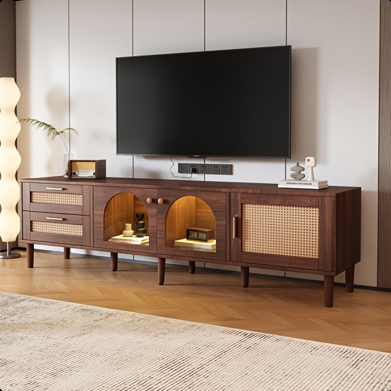tv meubel – tv kast – tv dressoir – media meubel – tv stand – Groot Bruin Modern Tv Meubel voor 70-80 Inch – Gebogen Deuren & 2 Lades – Ruime Opbergruimte 3,2+ Kubieke Voet – Duurzaam Niet-Hout Materiaal – Eenvoudige Montage