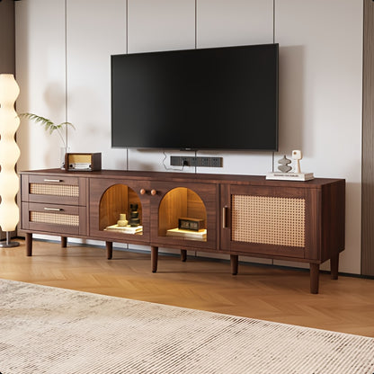 tv meubel – tv kast – tv dressoir – media meubel – tv stand – Groot Bruin Modern Tv Meubel voor 70-80 Inch – Gebogen Deuren & 2 Lades – Ruime Opbergruimte 3,2+ Kubieke Voet – Duurzaam Niet-Hout Materiaal – Eenvoudige Montage