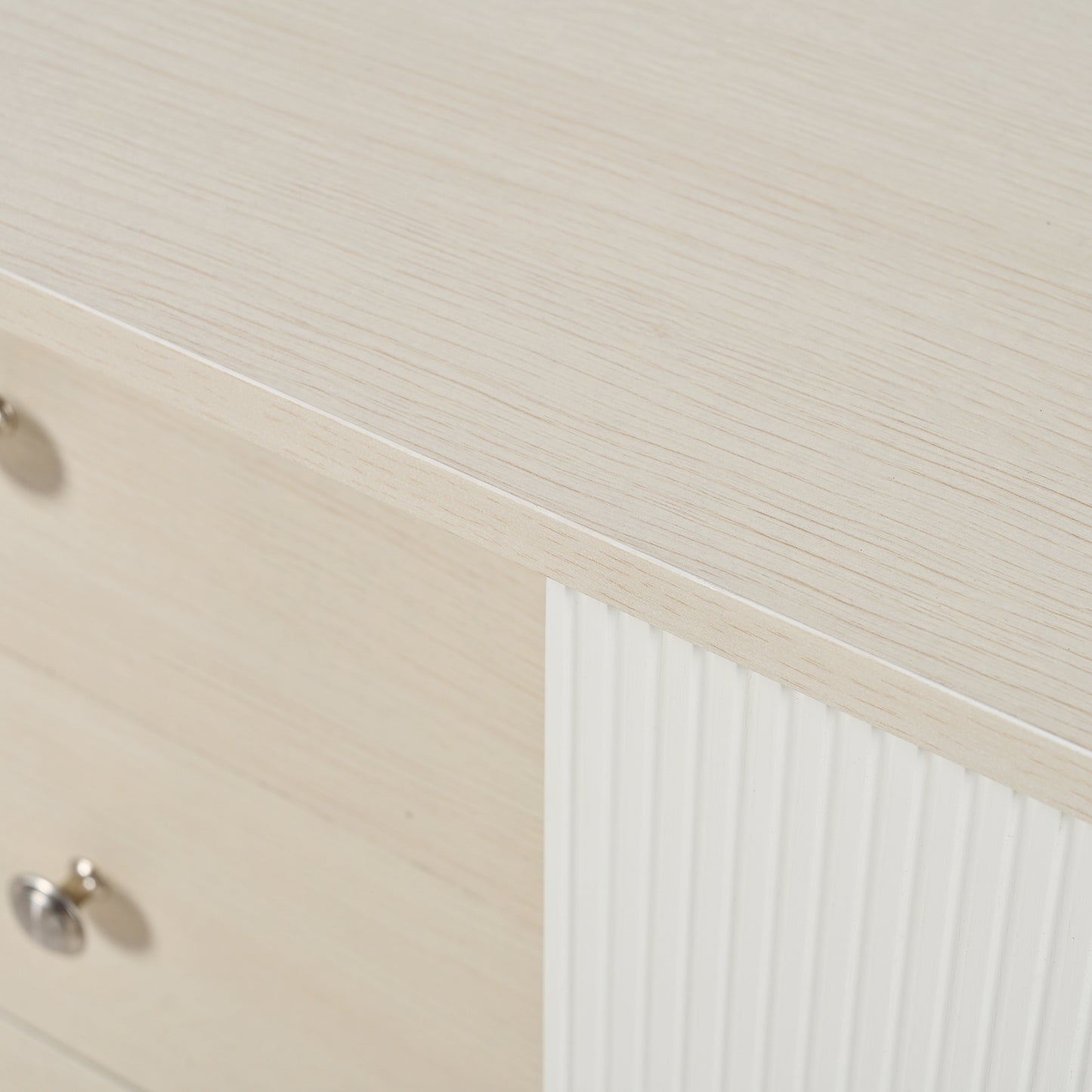 BTM Sideboard Dresser with Three Drawers, Striped Sliding Doors, Storage Shelves, and Raised Countertop, Modern Sideboard in White and Wood Finish on Tall Wooden Legs, 117.5×39.5×79 cm