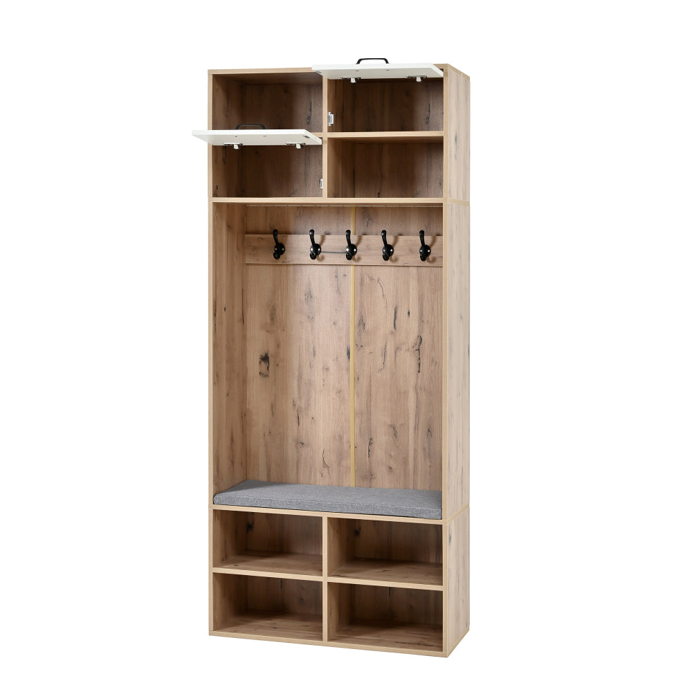 Kapstok – Halmeubel – Garderoberek – Zitbank – Opbergmeubel – 5 Haken – 2 Deuren Met 6 Open Vakken – Natuurlijk Hout Met Wit – 80x185x35 cm