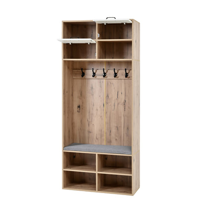 Kapstok – Halmeubel – Garderoberek – Zitbank – Opbergmeubel – 5 Haken – 2 Deuren Met 6 Open Vakken – Natuurlijk Hout Met Wit – 80x185x35 cm