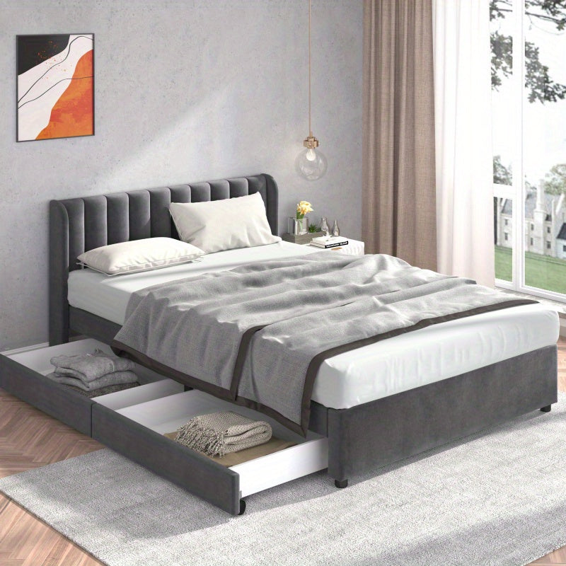 Upholstery bed 140 x 200cm with a slatted frame backrest 2 drawers gray