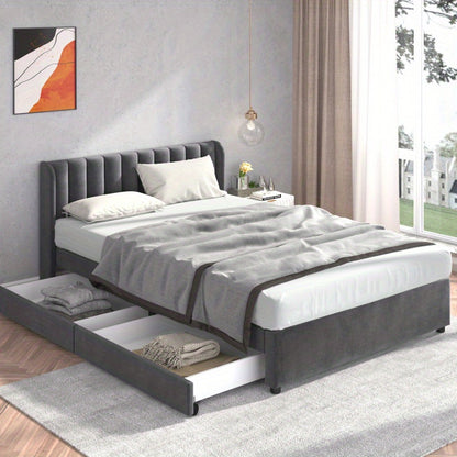 Upholstery bed 140 x 200cm with a slatted frame backrest 2 drawers gray