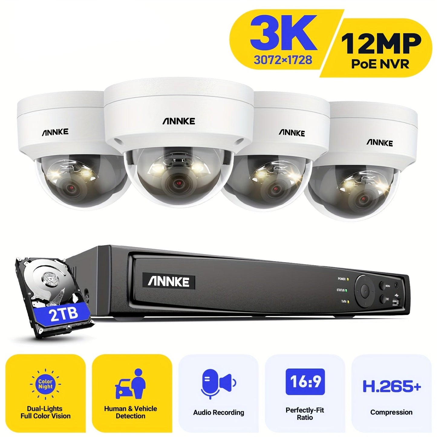 Beveiligingscamera Set – Beveiligingscamera, Camerabewaking, Beveiligingscamera’s, Inbraakbeveiliging – Dome Camera 2TB HDD – Bekabeld, 110-240V