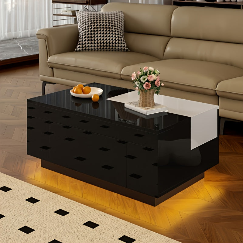 Salontafel – Koffietafel – Bijzettafel – Lounge tafel – Modern Tafel – Lift-top Verstelbaar – Verborgen Opbergruimte – Zwart Met Gouden Accenten – Onderhoudsarm Kunststof – Compact Voor Kleine Woonkamers