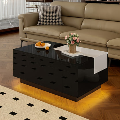 Salontafel – Koffietafel – Bijzettafel – Lounge tafel – Modern Tafel – Lift-top Verstelbaar – Verborgen Opbergruimte – Zwart Met Gouden Accenten – Onderhoudsarm Kunststof – Compact Voor Kleine Woonkamers