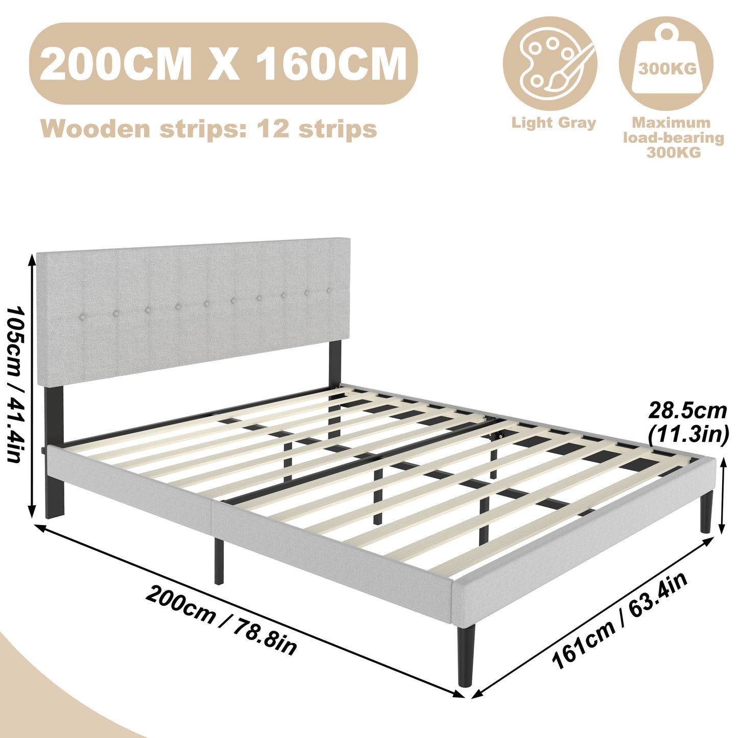 Bedframe – Bedombouw – Bedbodem – Ledikant – Boxspring – Lichtgrijs Linnen – 160x200 cm – Draagkracht 300 kg