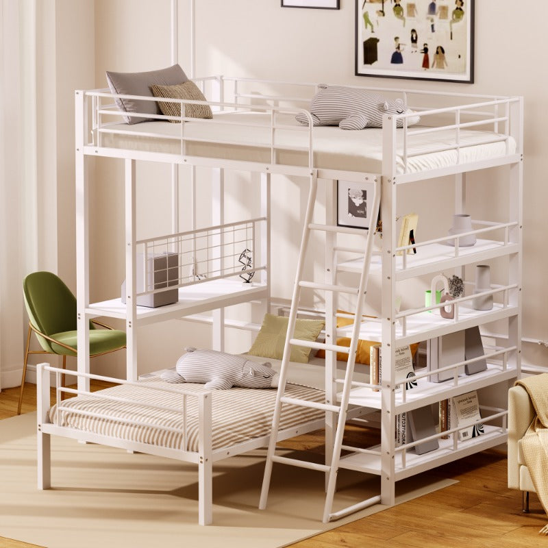 Hoogslaper – Loftbed – Stapelbed – Kinderbed – Eenpersoonsbed – Met Opbergrekken – 90x200 cm – Wit Metaal – Ruimtebesparend – Stevig