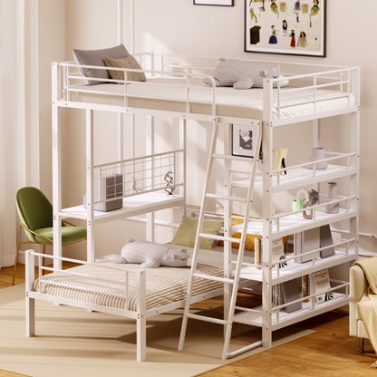 Hoogslaper – Loftbed – Stapelbed – Kinderbed – Eenpersoonsbed – Met Opbergrekken – 90x200 cm – Wit Metaal – Ruimtebesparend – Stevig