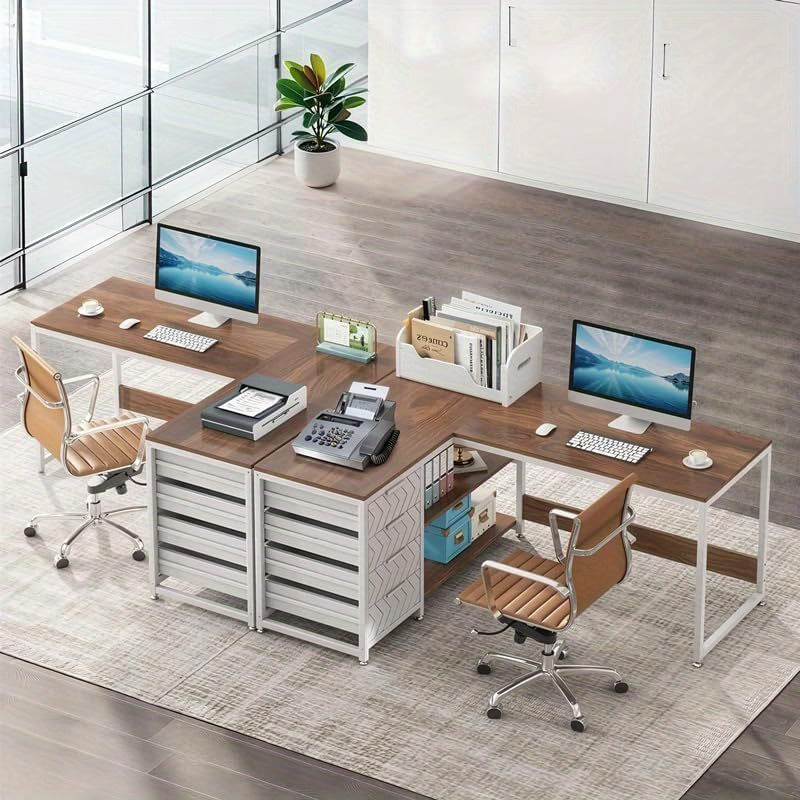 Hoekbureau – L-vormig Bureau – Werkbureau – Computerbureau – Bureau met Laden – Verstelbare Poten – Robuust Metaal Frame – Compact 150x110x75 cm – Donkerbruin Wit