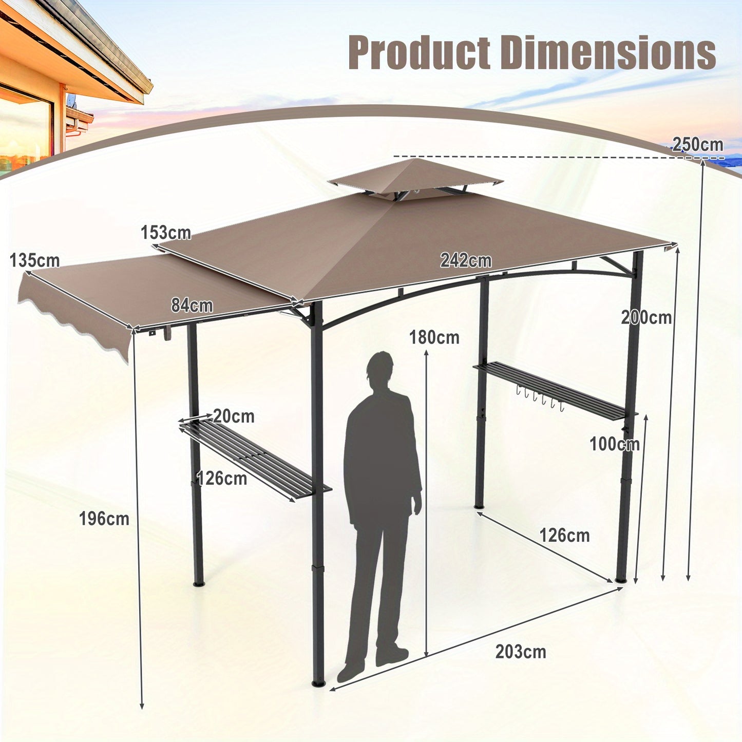 PETSITE 10, 152.4x152.4cm Heavy-Duty BBQ Gazebo with Side Awning - Outdoor Grill Canopy, Double-Tiered Top, 2 Side Shelves & Hanging Hooks, Built-in Bottle Opener, Sturdy Metal Frame, Brown - for Backyard, Patio, Camping, Tai
