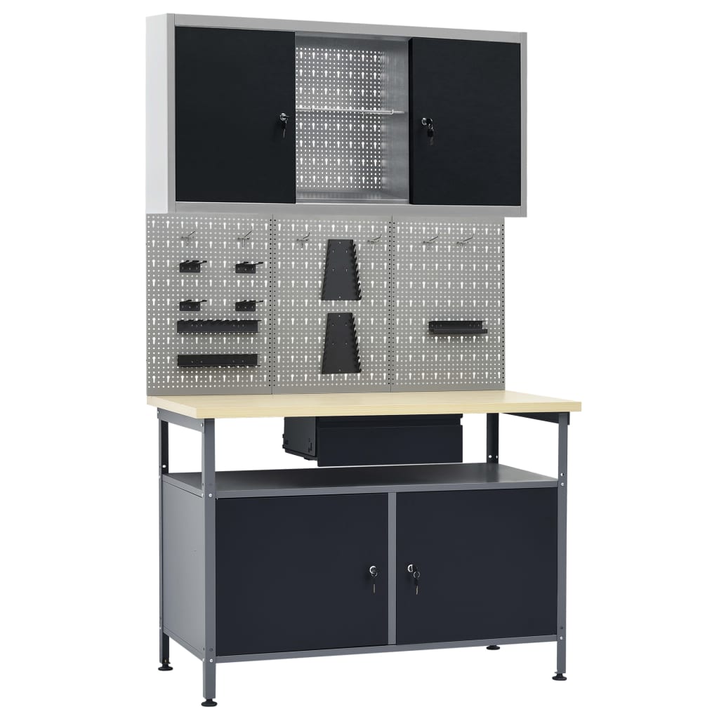 Werkbank – Werkplek – Werktafel – Werkbankset – Garagewerkbank – Zwart – 300 kg Draagvermogen – Verstelbare Poot