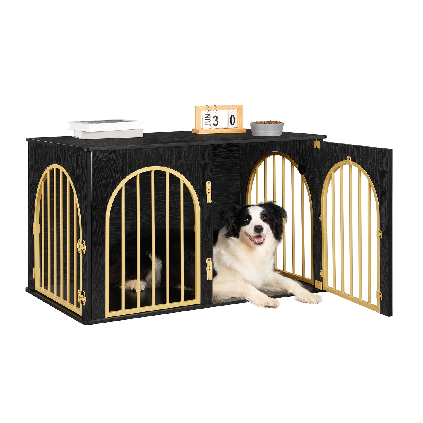 Hondenbench – Hondenkooi – Hondenverblijf – Huisdierbench – Hondenren – Zwart-Gouden Design – 3 Draaideuren & Boogvormige Deur – Stevig Metaal en Hout – 60 x 100 x 63 cm – Voor Middelgrote tot Grote Honden