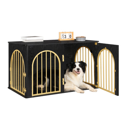 Hondenbench – Hondenkooi – Hondenverblijf – Huisdierbench – Hondenren – Zwart-Gouden Design – 3 Draaideuren & Boogvormige Deur – Stevig Metaal en Hout – 60 x 100 x 63 cm – Voor Middelgrote tot Grote Honden