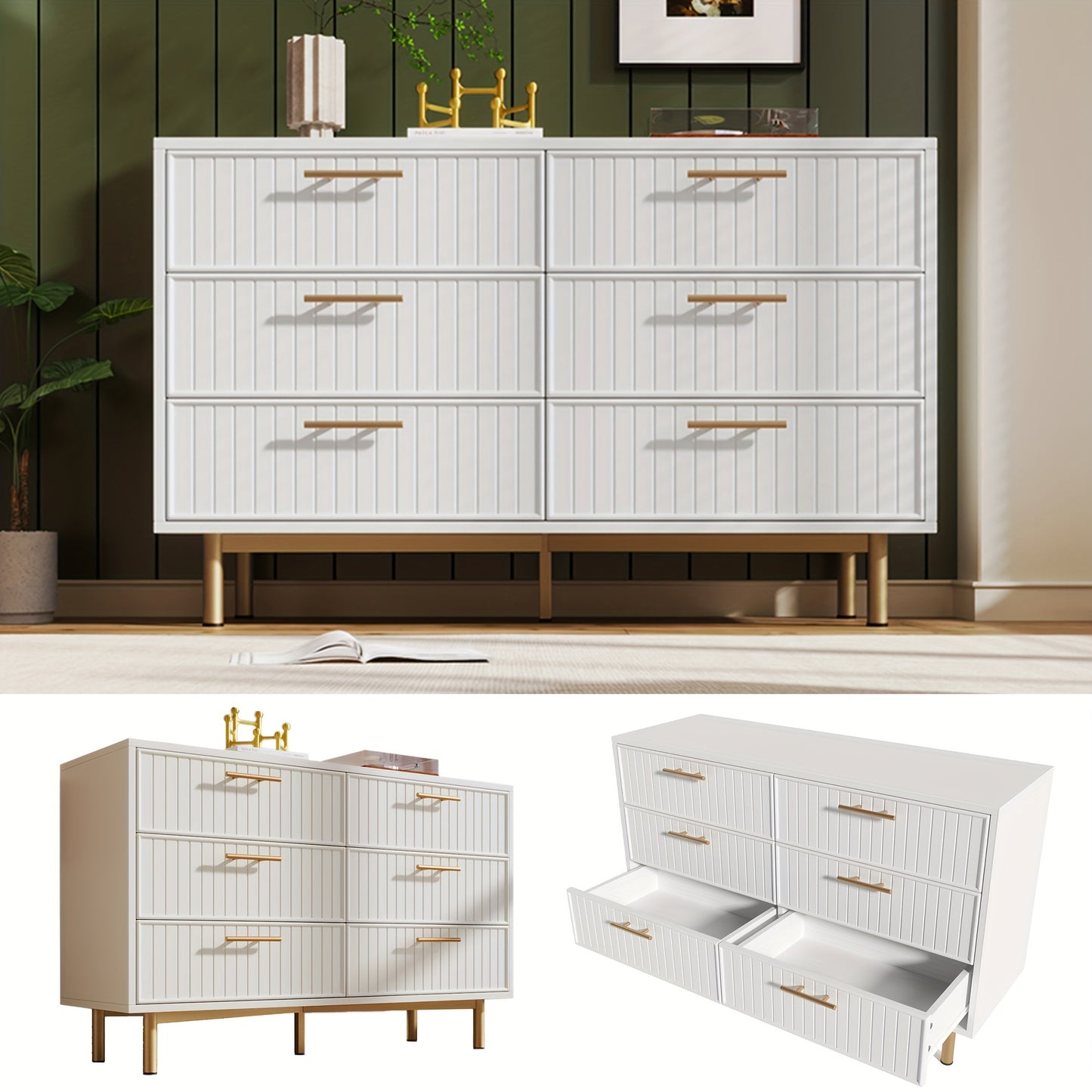 Ladekast – Ladenkast – Kommode – Dressoir – Opbergkast – Massief Houten Wit – 6 Lades Met Gouden Knoppen – Kant-en-Klaar Gemonteerd
