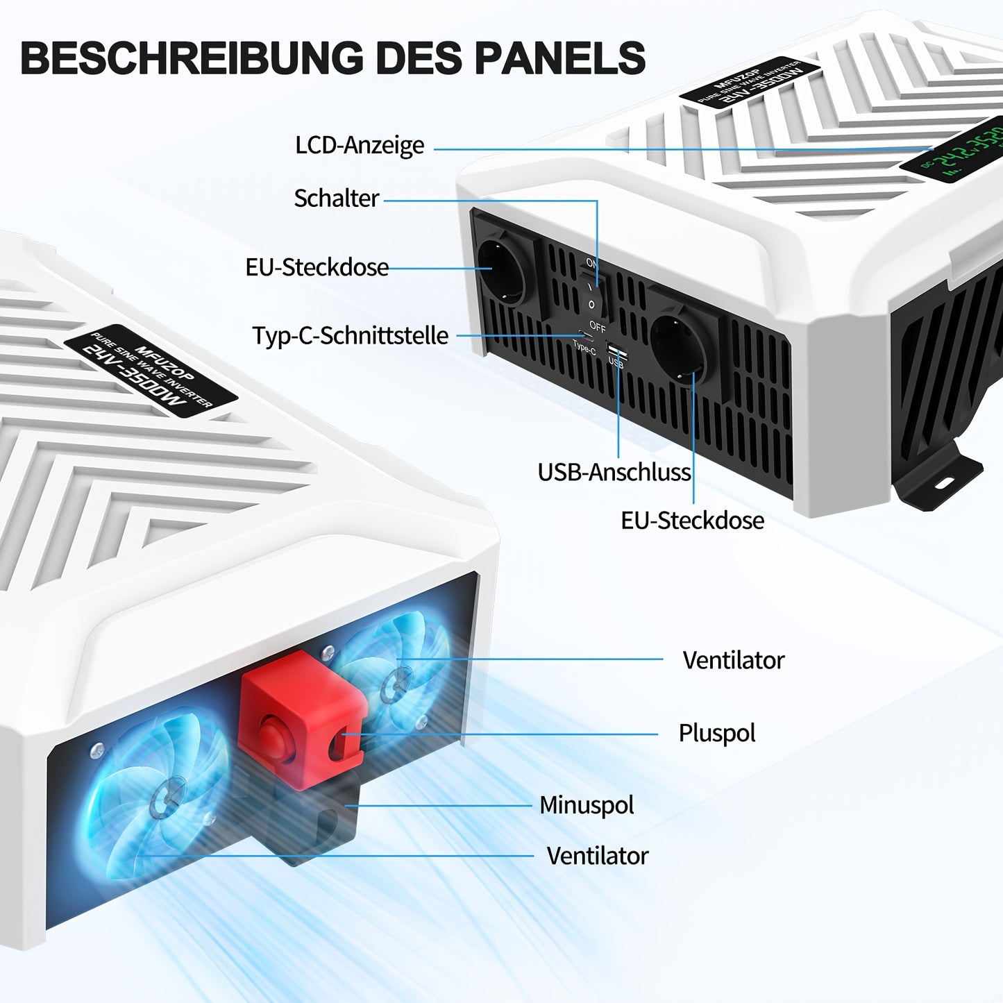 Omvormer – Spanningsomvormer – Stroomomzetter – Inverter – Converter – 3500W Zuivere Sinusgolf – 2x EU Stopcontact USB Type-C & LCD Display