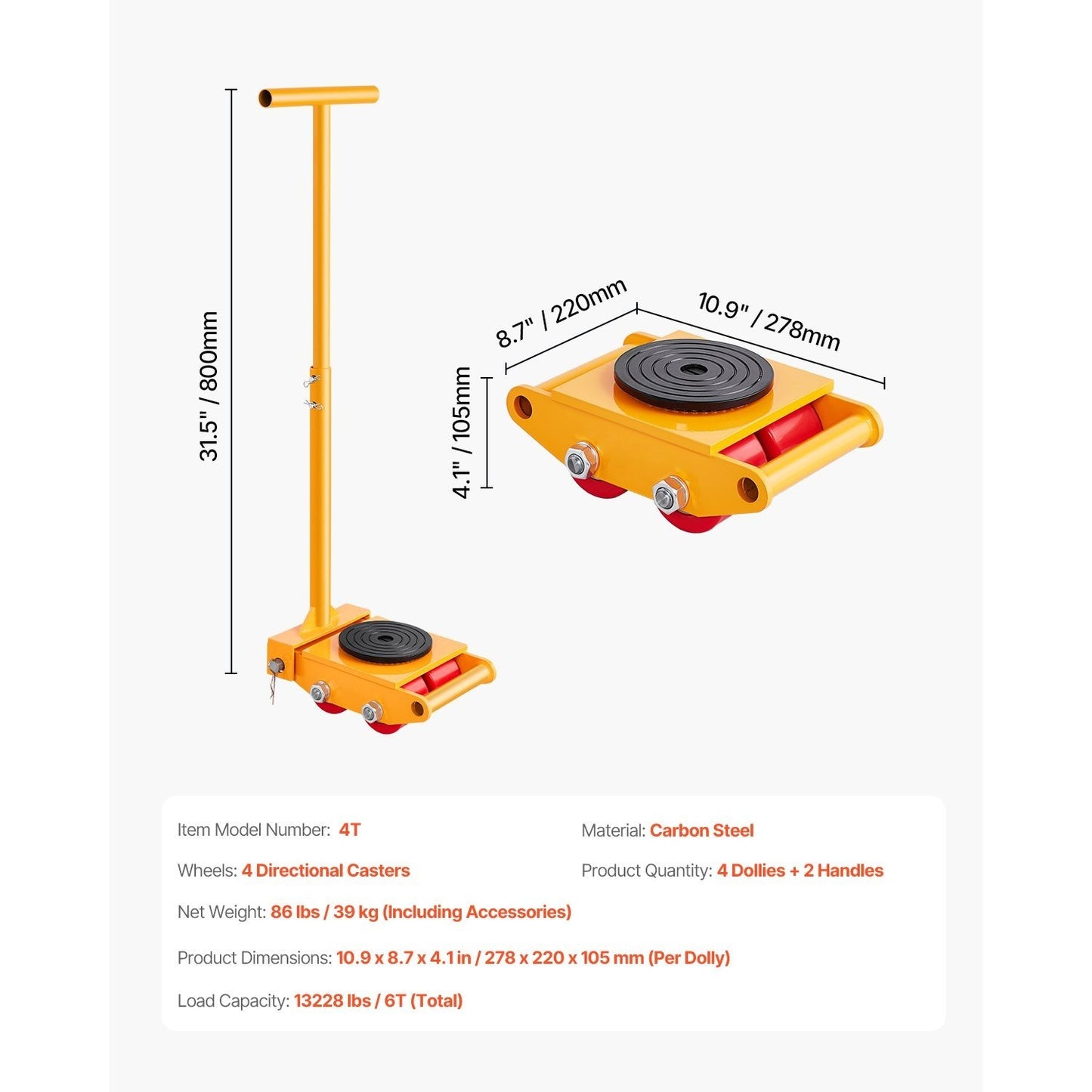 Machine Skate – Machine Dolly – Machinery Skate – Transportroller – Verplaatsroller – 6 Ton Draagvermogen – 360° Draaibare Wielen – Gele Uitvoering