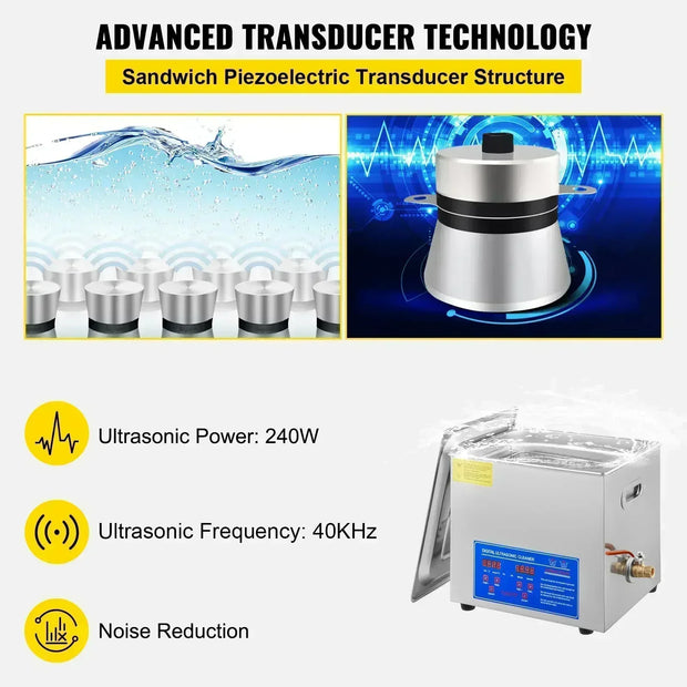 Vevor - Ultrasoonreiniger - Reinigingsapparaat - 800W, 240V - Digitale timer - 2L - Roestvrij staal - Zilver - QUORE