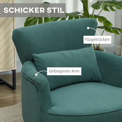 Fauteuil – Armstoel – Zitsstoel – Relaxstoel – Leesstoel – Donkergroene Cordstof – Met Wasbaar Lendenkussen