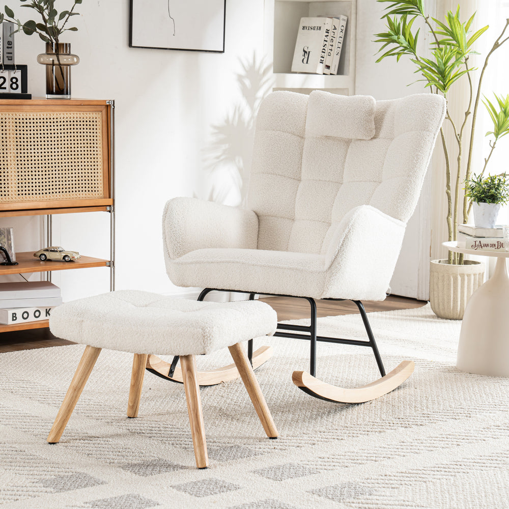 Relaxstoel – Fauteuil – Loungestoel – Schommelstoel – Draaifauteuil – Witte Relaxstoel Met Voetensteun – Breed Zitvlak 65 cm – Stevige Schommelmechaniek Met Hoofdsteun