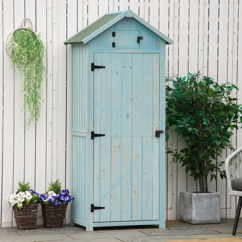 Tuinopbergkast – Tuinkast – Tuinbergruimte – Tuinschuur – Opbergbox – Hout – Lichtblauw Met Groen Dak – Weerbestendig – 179x54x77 cm